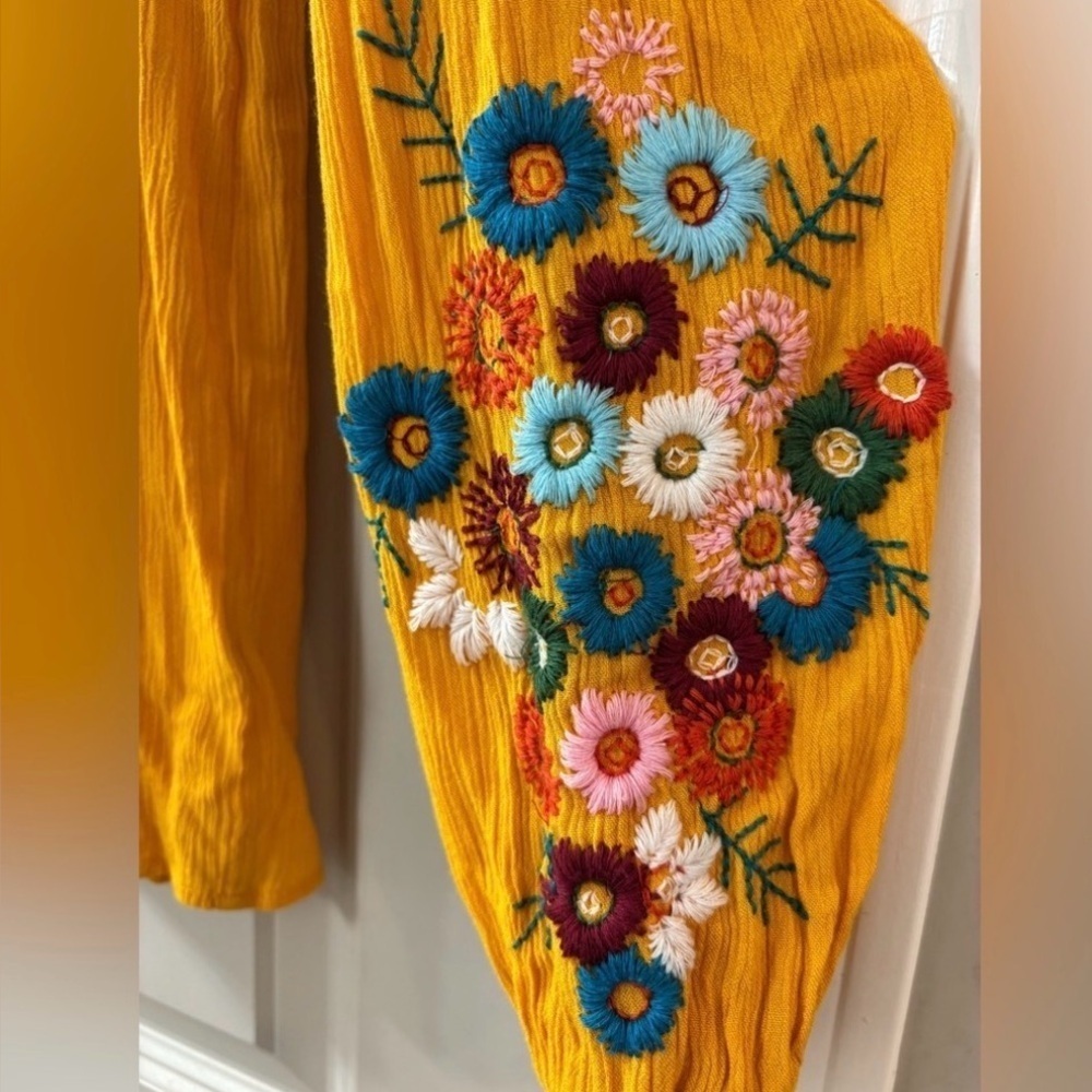 Boho Embroidered Smocked Long Sleeve Blouse